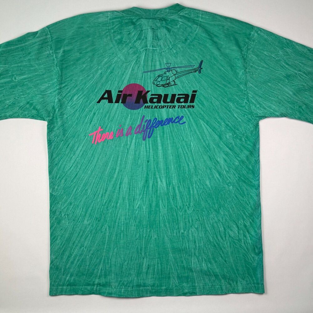 Vintage Crazy Shirts Hawaii Air Kauai Helicopter Tour Tee XL Green Crystal Wash